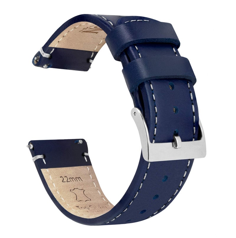 BARTON WATCH BANDS Quick Release Top Grain Leather Watch Band Strap, Navy Blue Leather/Linen White Stitching, 22mm - Image 1
